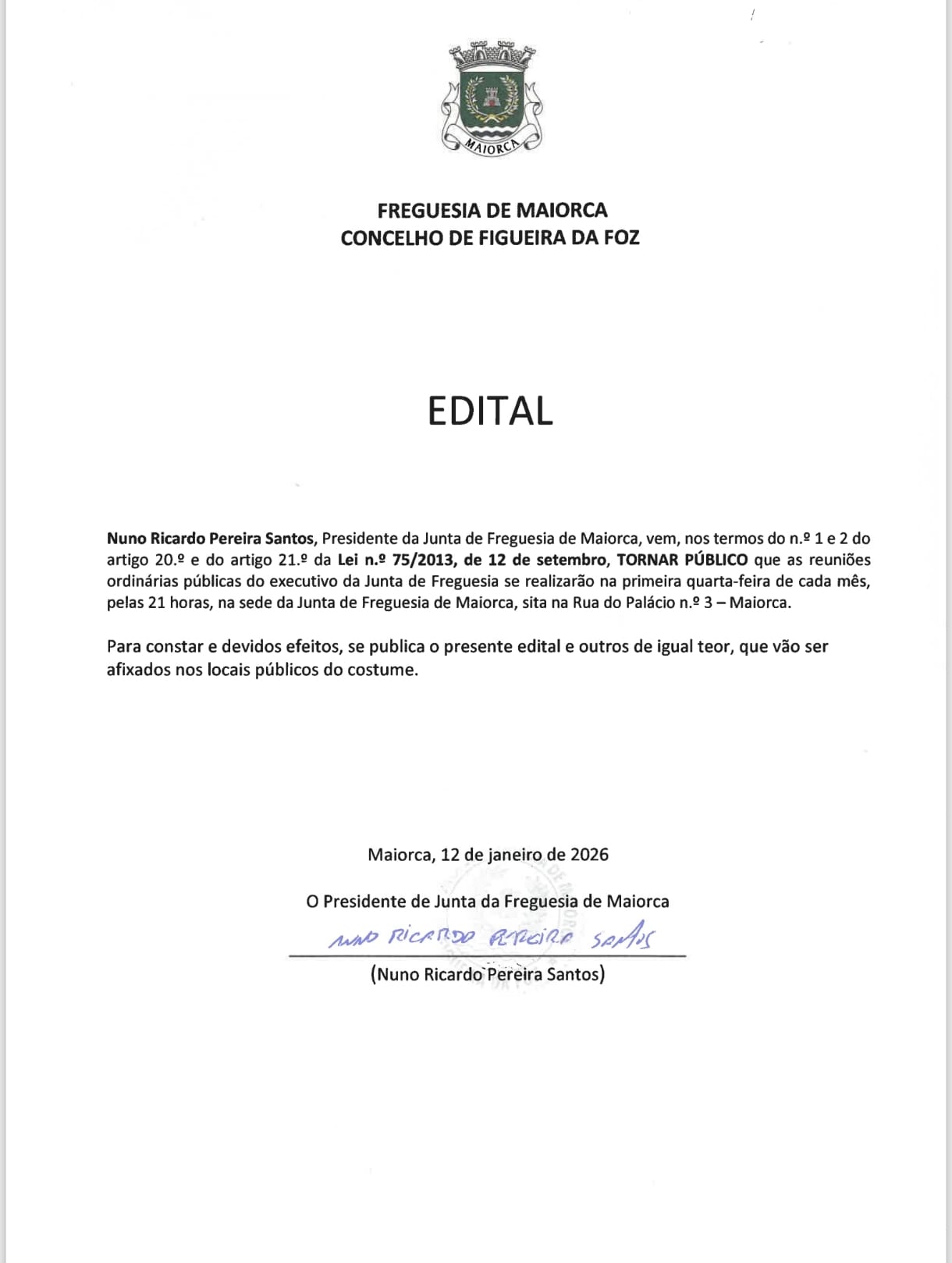 Notícia Edital - Horário das reuniões públicas do executivo da Junta de Freguesia