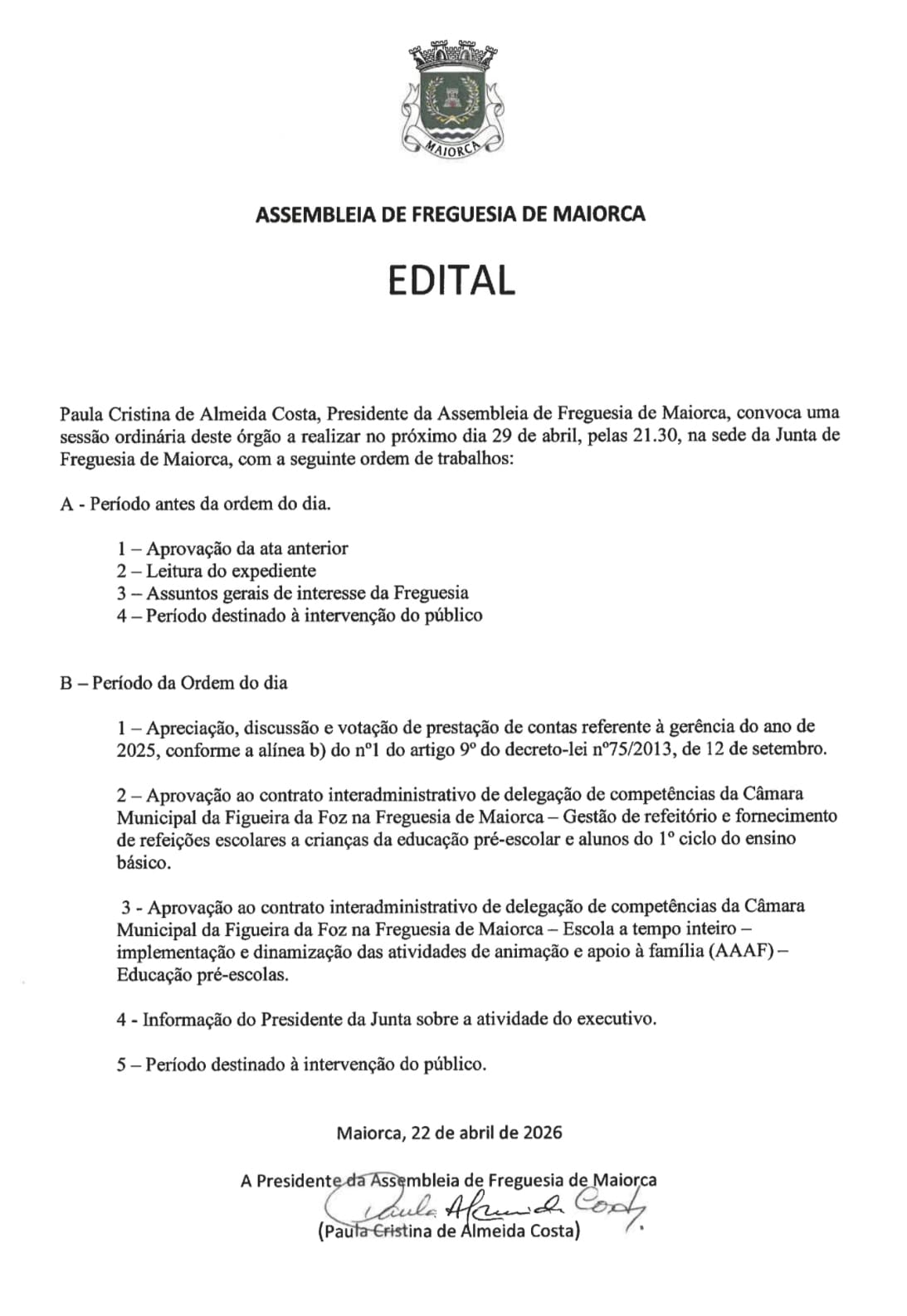 Notícia Edital - Assembleia de Freguesia a 29 de abril de 2026