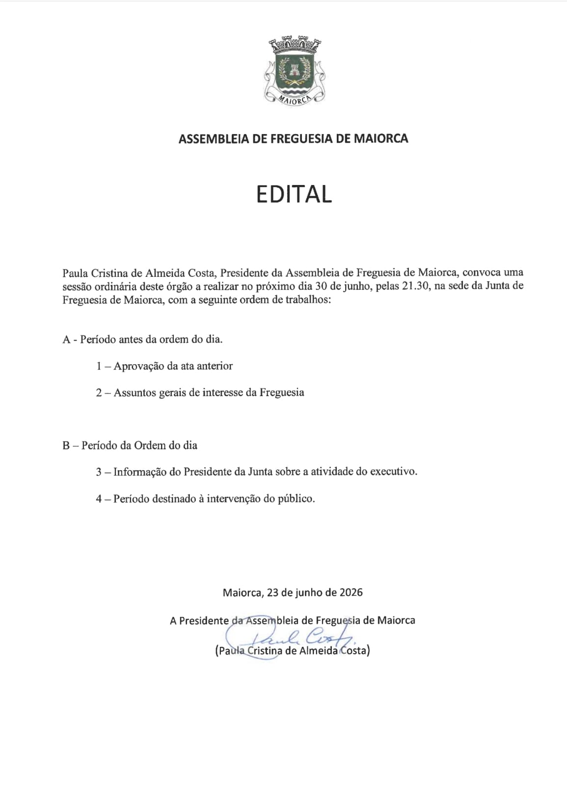 Notícia Edital - Assembleia de Freguesia a 30 de junho de 2026
