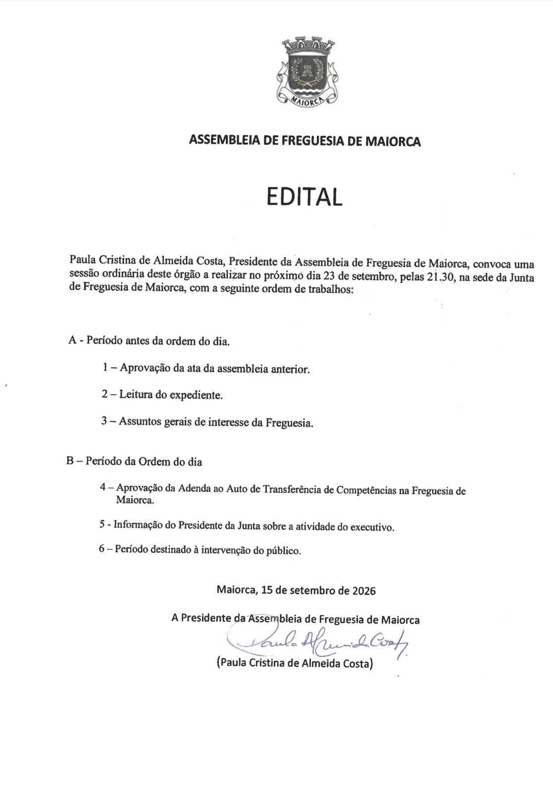 Notícia Edital - Assembleia de Freguesia de 23 de setembro de 2026